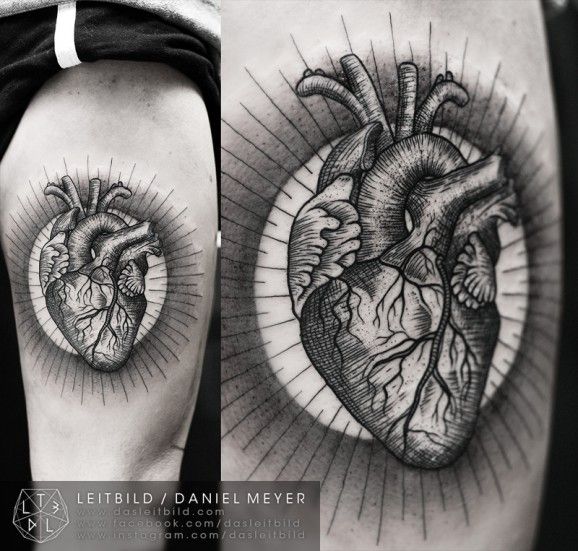 Etching style Human Heart Tattoo by Daniel Meyer.