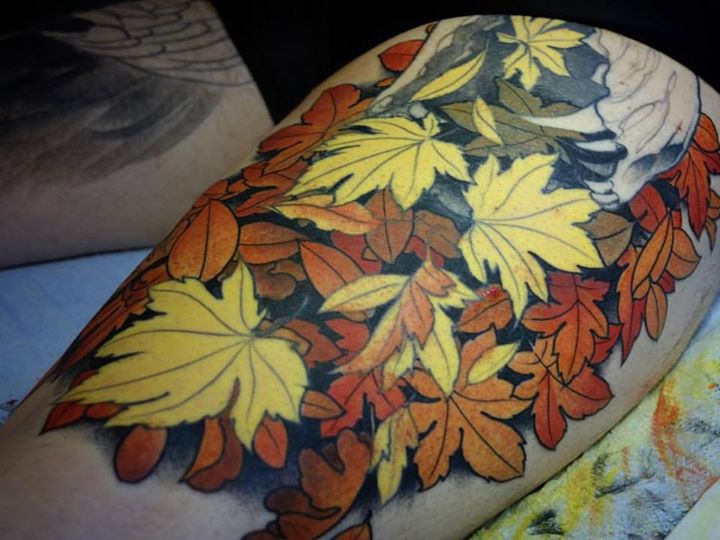 Fall Leaves Tattoo on thigh by Jeff gogue art
