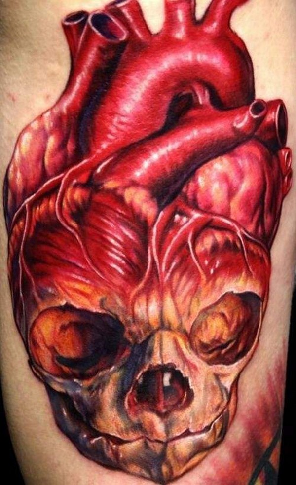Fetus skull human heart tattoo
