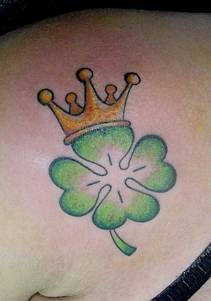 Four Leaf Clover With Crown Tattoo On Shoulder