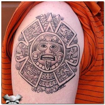 Grey Aztec Tattoo On Right Shoulder