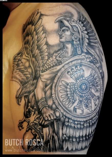 Grey Aztec Warrior Tattoo On Left Shoulder