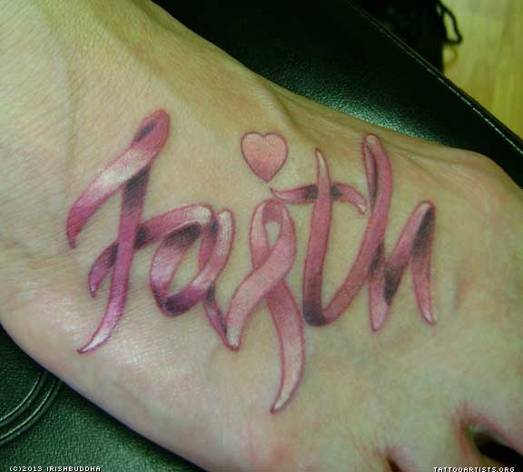 Pink Faith With Little Heart Tattoo On Foot