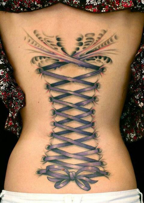 Purple Corset Bow Tattoo On Girl Back