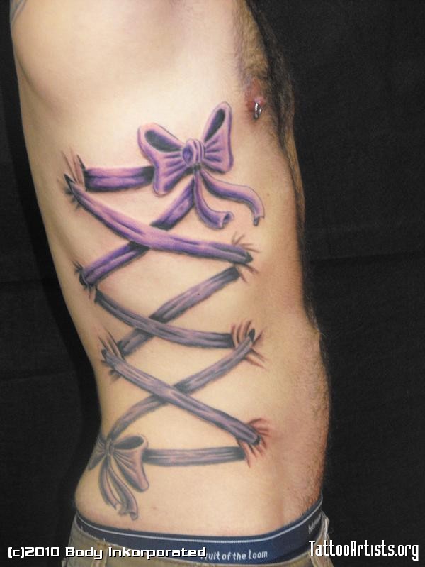 Purple Ripped Skin Corset With Two Bow Tattoo On Side Rib