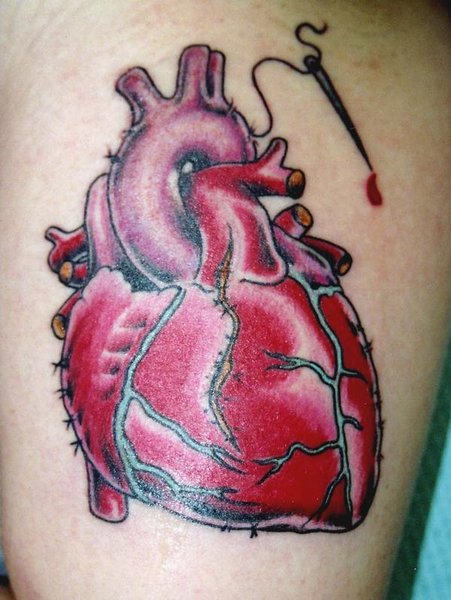 Real Human Heart With Stitches and Needle Tattoo