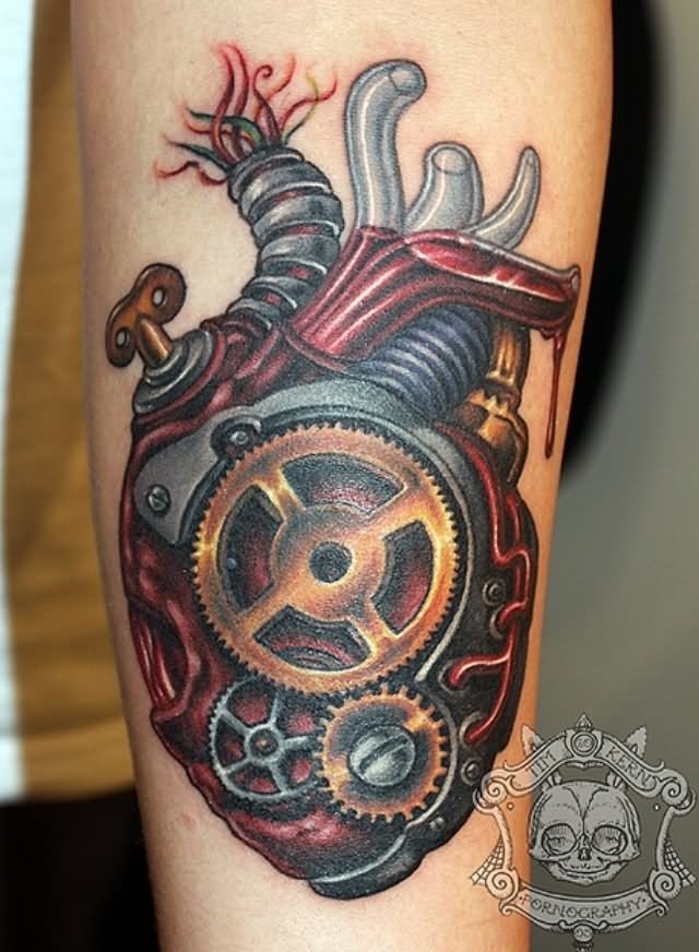 Real Human Steampunk Heart Tattoo on Arm by Tim Kern
