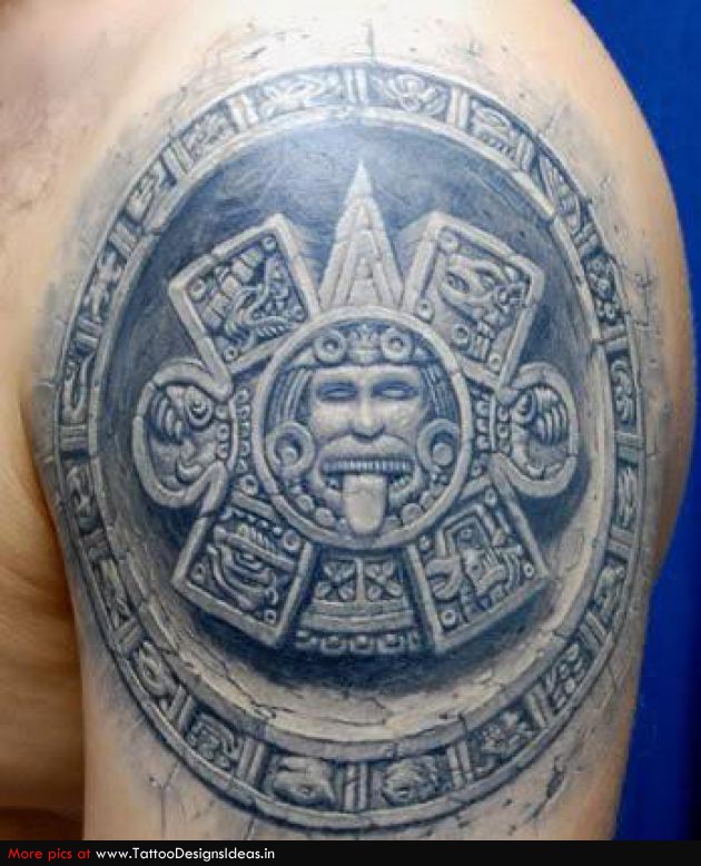 Realistic 3D Aztec Tattoo On Left Shoulder