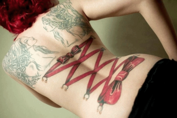 Red Corset Bow Tattoo On Girl Back