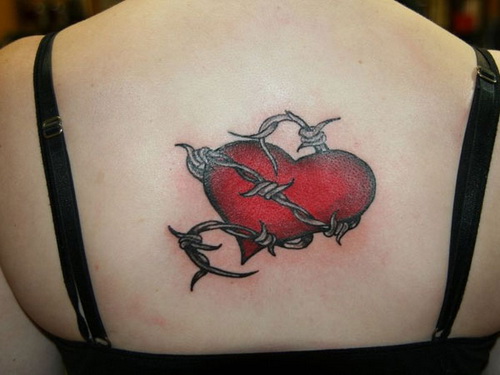 Red Heart Barbed Wire Tattoo On Back