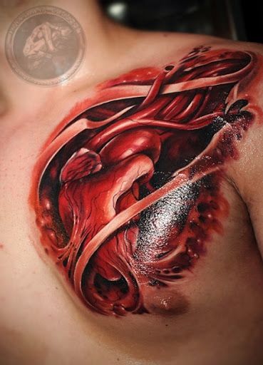 Ripped Skin 3D Real Human Heart Tattoo on Left Chest