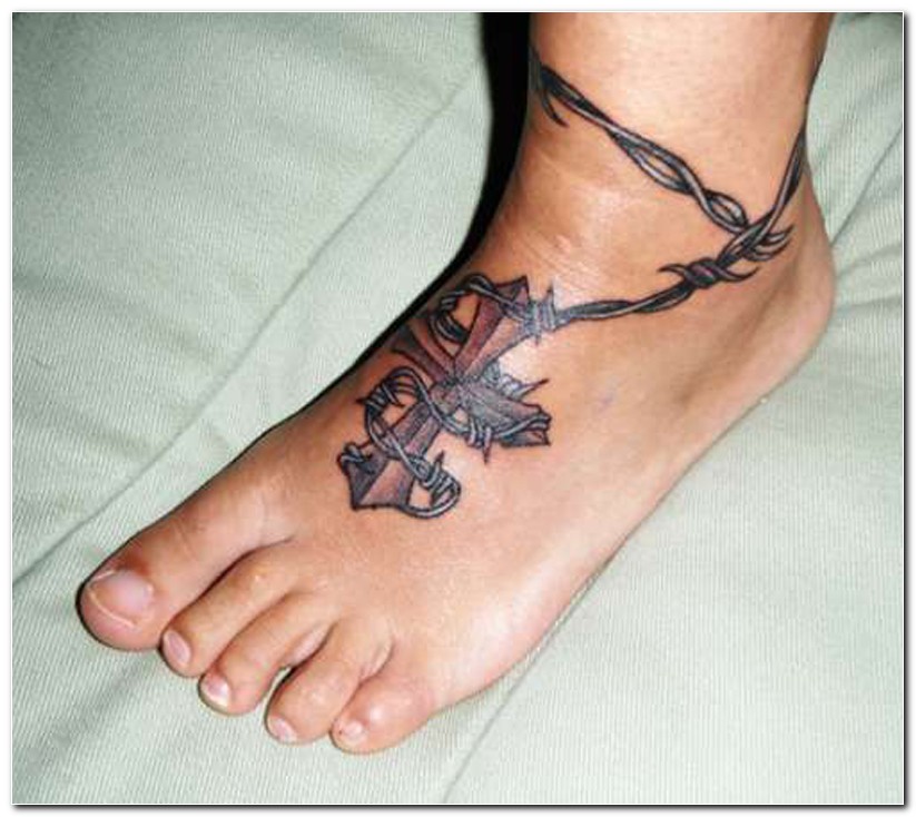 Rosary Barbed Wire Tattoo On Left Foot