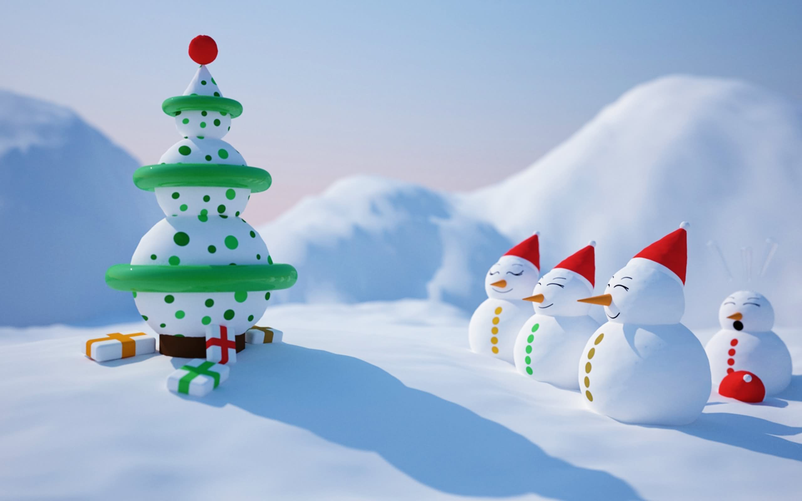 Snowmen And Snow Tree Funny Christmas Animated Wallpaper