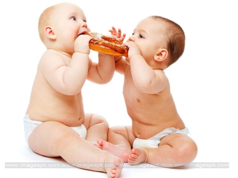 Twin Babies Eating Sandwich Picture