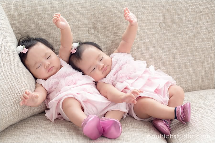 Twins Baby Girls Sleeping In Same Pose