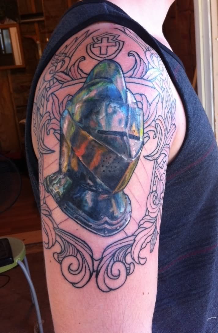 Watercolor 3D Warrior Mask In Family Crest Tattoo On Man Right shoulder