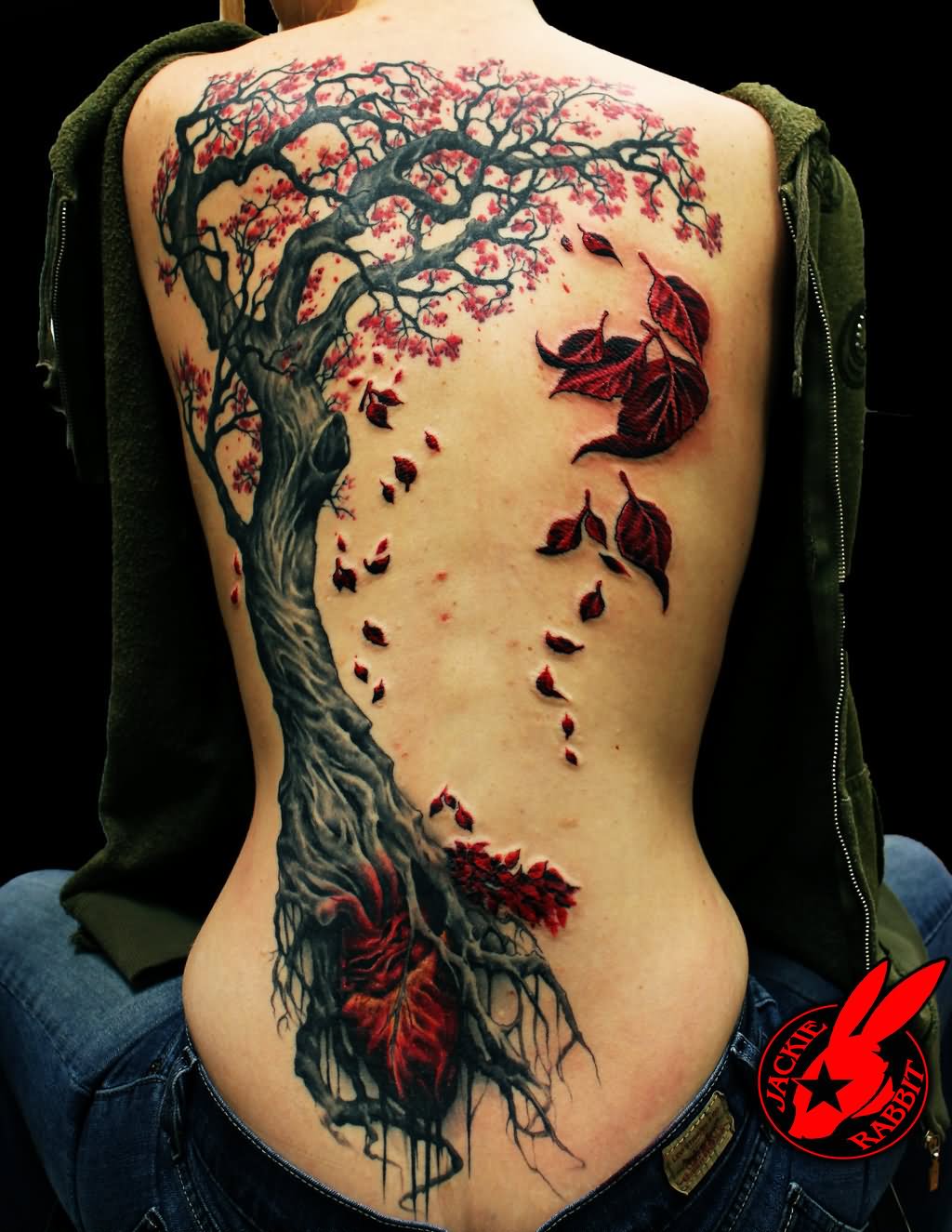 3D Grey Tree With Red Leaves Tattoo On Full Back By Jackie