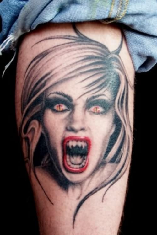 3D Horror Vampire Girl Face Tattoo On Leg Calf