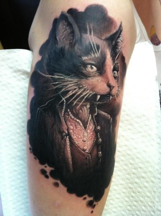3D Scary Vampire Cat Tattoo On Half Sleeve