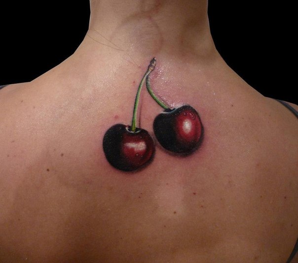 3D Two Cherry Tattoo On Girl Upper Back