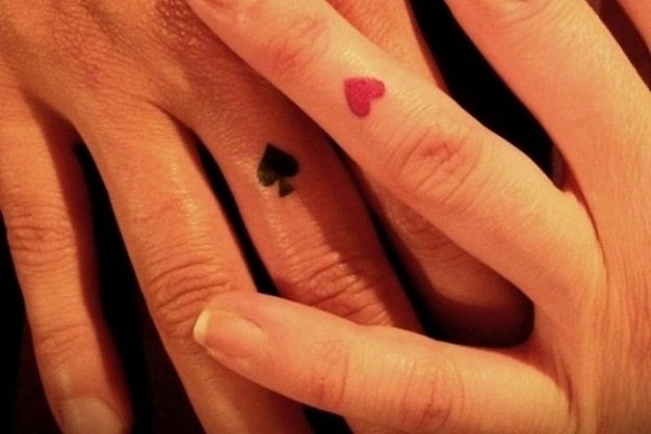 Ace And Heart Tattoo On Couple Finger
