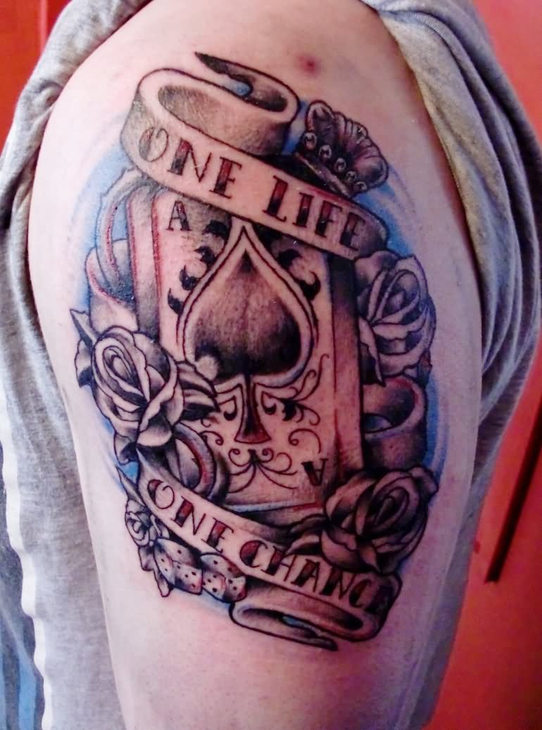 Ace Of Spade With Banner And Roses Tattoo On Shoulder