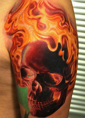 Amazing 3D Purple Skull In Fire Flame Tattoo On Man Shoulder By John Whitney