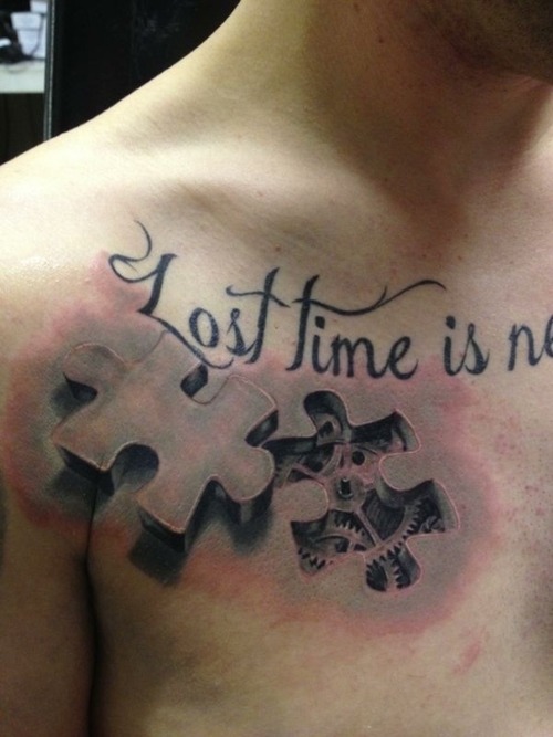 Amazing 3D Puzzle Tattoo On Man Right Chest