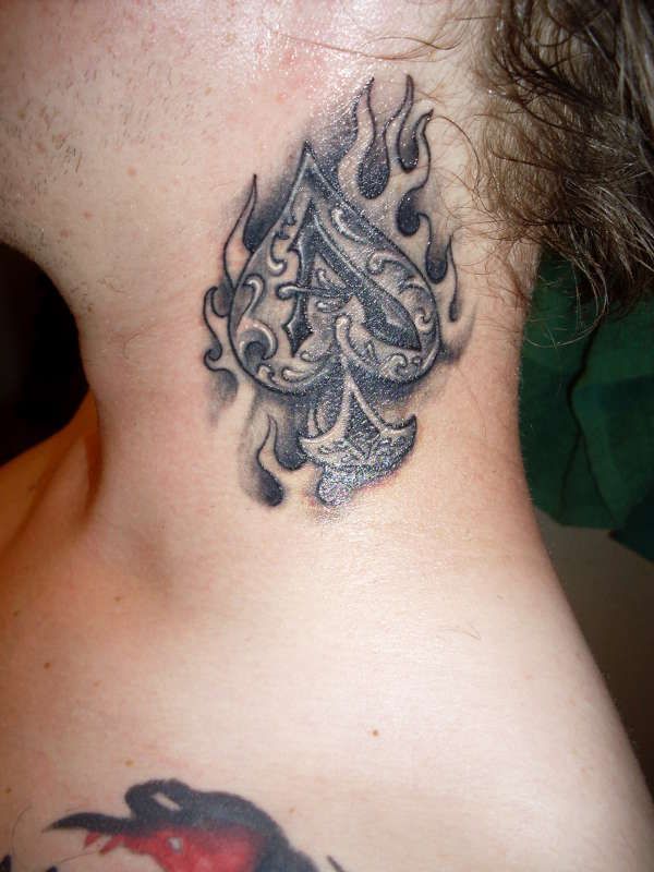 Amazing Black And Grey Ace In Flame Tattoo On Side Neck