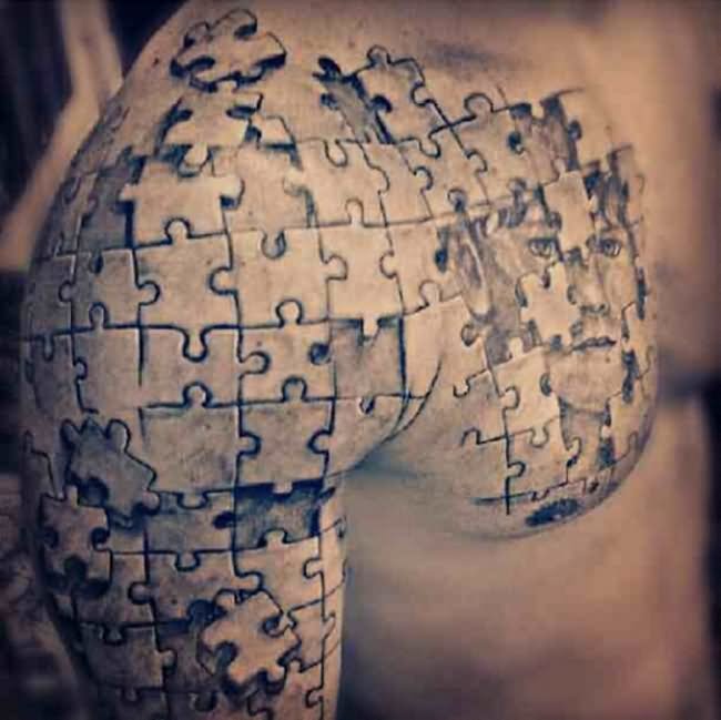 Amazing Black And Grey puzzle Tattoo On Shoulder