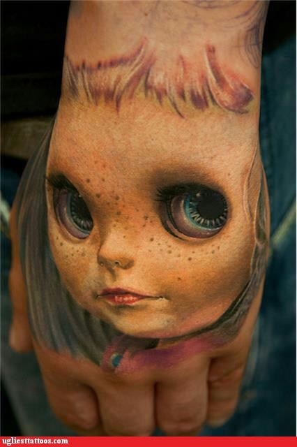 Amazing Colorful 3D Chucky Face Tattoo On Hand