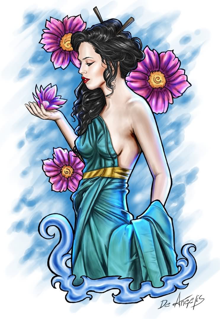 Amazing Colorful Geisha With Flower Tattoo Design By Raffaele De Angelis