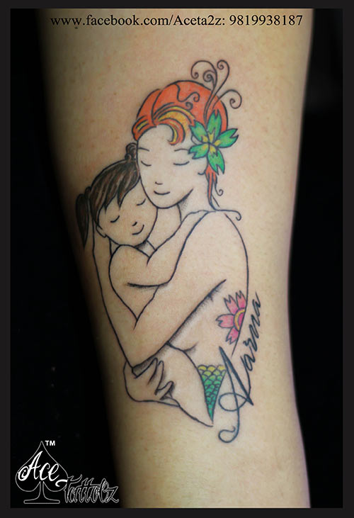 Amazing Colorful Mother Hugging Daughter Tattoo Design