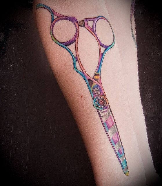Amazing Colorful Scissor Tattoo On Forearm By Aaron Sangenitto