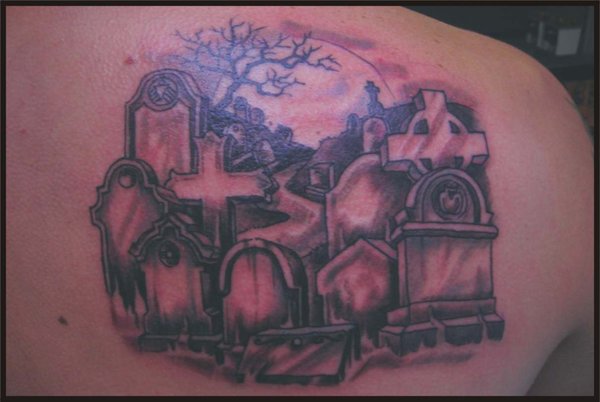 Amazing Graveyard Tattoo On Right Back Shoulder