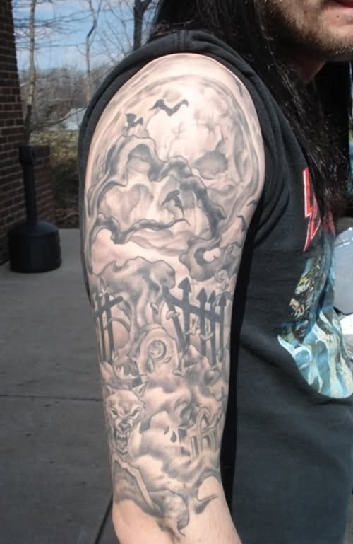 Amazing Grey Graveyard Tattoo On Right Half Sleeve