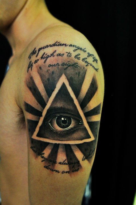 Amazing Illuminati Eye Tattoo On Man Left Shoulder By Ken Kile