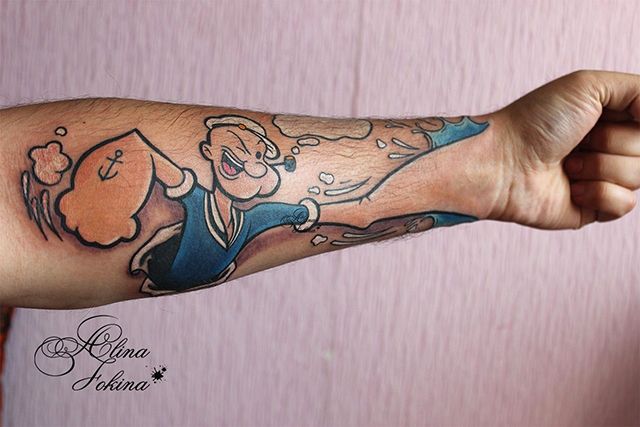 Amazing Popeye Cartoon Tattoo On Forearm