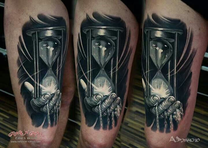 Amazing Realistic 3D Houglass On Hand Tattoo On Thigh By A D Pancho