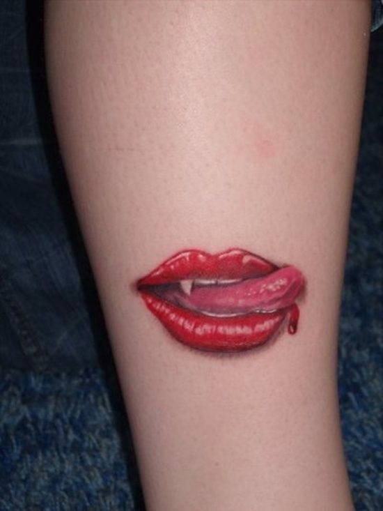 Awesome 3D Red Lip Tattoo On Leg
