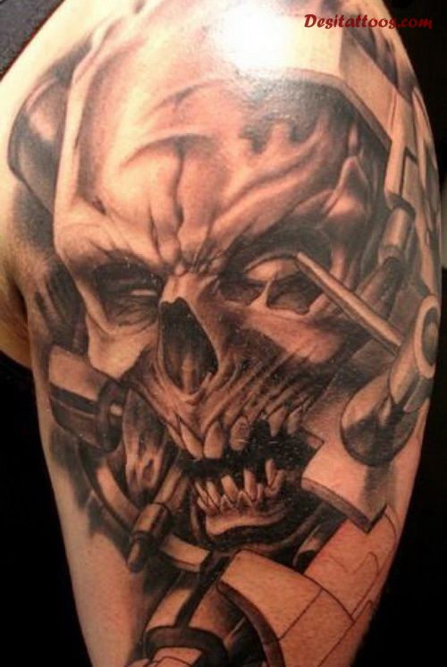 Awesome Black And Grey Monster Skull Tattoo On Shoulder