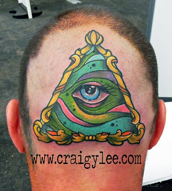Awesome Colorful Illuminati Eye Tattoo On Man Back Head By Craigy Lee