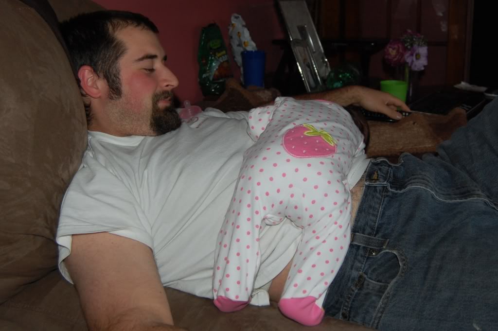 Baby Funny Sleeping On Father's Tummy