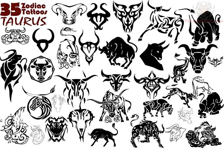 Black 35 Zodiac Taurus Tattoo Flash