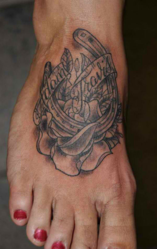 Black 3D Horseshoe With Rose And Banner Tattoo On Girl Foot