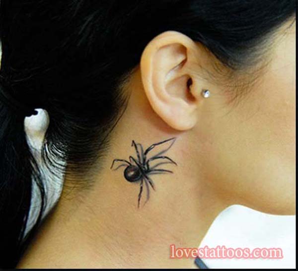 Black 3D Spider Tattoo On Girl Behind The Ear