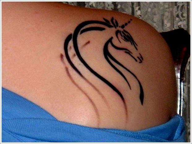 Black 3D Tribal Unicorn Head Tattoo On Back Shoulder