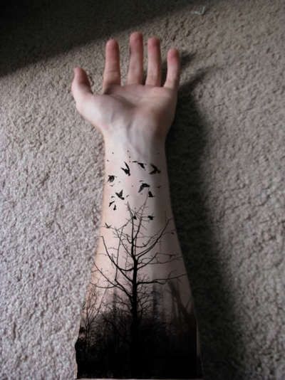 Black 3D Without Trees With Flying Birds Tattoo On Forearm