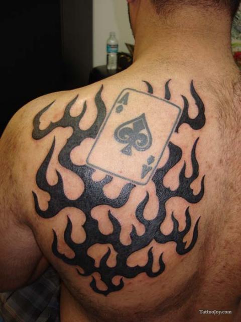 Black Ace Of Spade Tattoo On Man Left Back Shoulder
