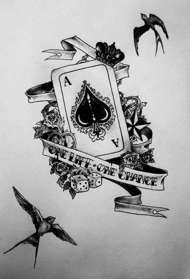 Black Ace Of Spade With Crown,Banner And Flying Birds Tattoo Design